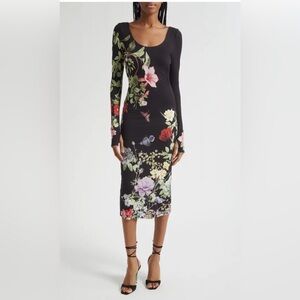 Alice + Olivia Black Floral Scoop-Neck Long-Sleeve Midi Dress